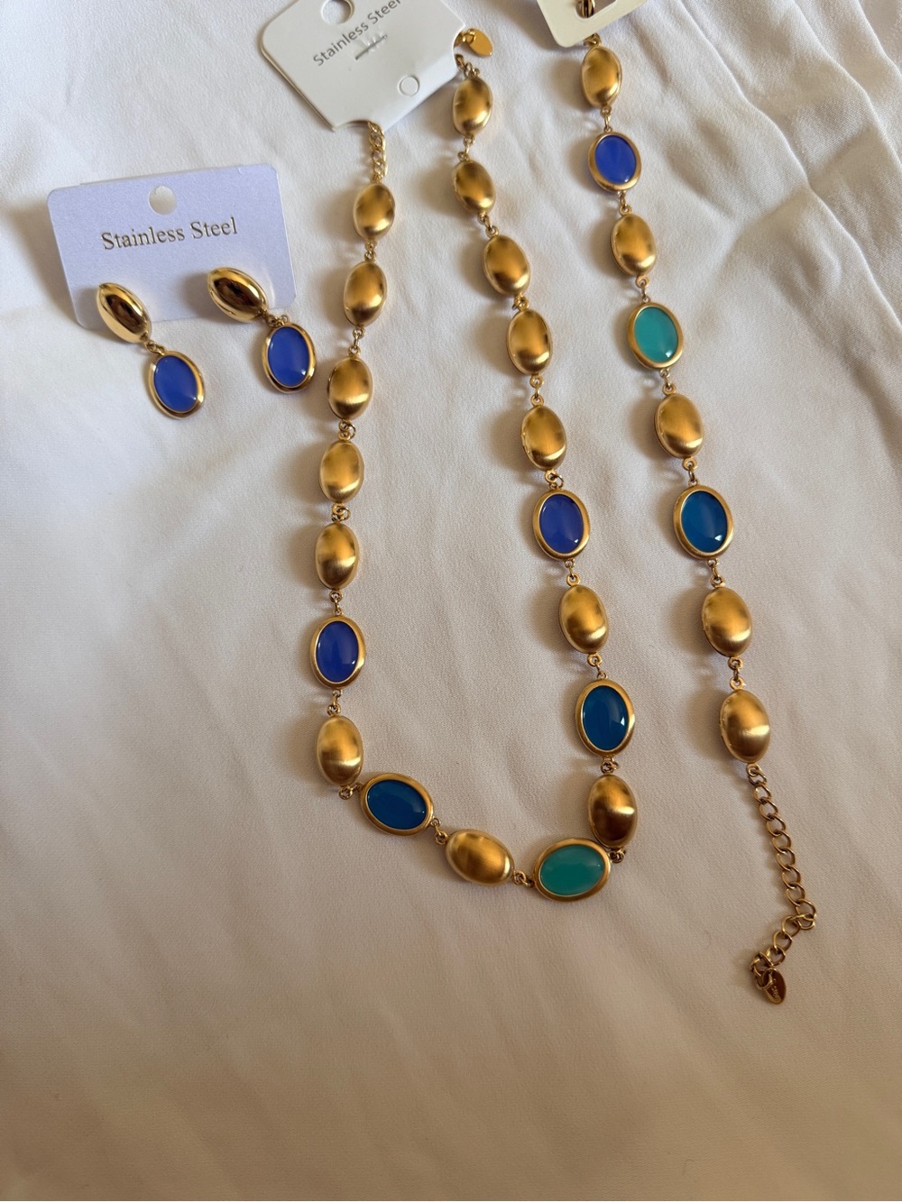 Gold Chain Necklace and Earrings Set with Blue & Teal Stones